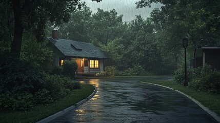 Fototapeta premium Cozy cottage illuminated rain forest night