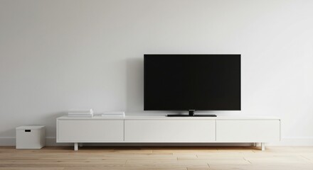 Fototapeta premium A minimalist living room setup with a black TV on a sleek white media console, wooden flooring, and a clean, neutral aesthetic. The design emphasizes simplicity and modern elegance.