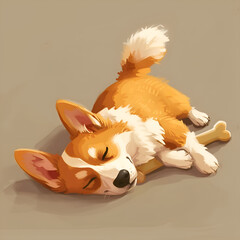 Welsh corgi puppy isolated on brown background. Cute happy dog character sleeping with bone. Outline illustration, color filled.