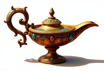 Vibrant Magical Lamp Art: Intricate Patterns, Gold Shine, Gemstone Detail, Curved Handle, Swirling Oil Pot, Mythical Object, White Background, Vector Illustration, Treasure Symbol.
