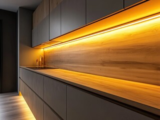 Modern Kitchen with Ambient Lighting and Wood Accents showcasing cabinets and countertops