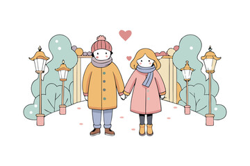 Cartoon illustration art of a couple walking hand in hand under a tunnel of heart-shaped fairy lights.eps