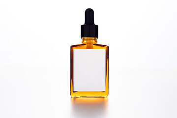 Clear glass dropper bottle showcases amber liquid against a bright white background, suitable for cosmetic or medicinal products