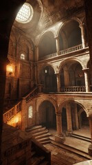 Sunlit Medieval Palace Grand Staircase Interior.