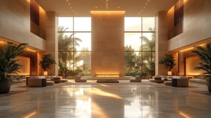 Luxurious hotel lobby with high ceilings, large windows, plants and modern lounge furniture