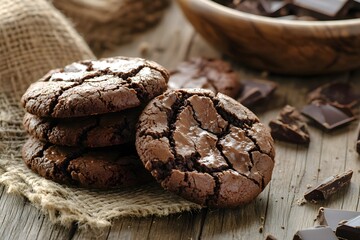 Close-up of handmade chocolate cookies on rustic wooden table, warm light