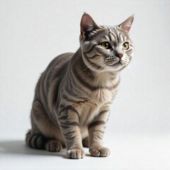 Obraz premium Elegant Silver Tabby Cat Sitting Gracefully on White Background Domestic Pet Portrait