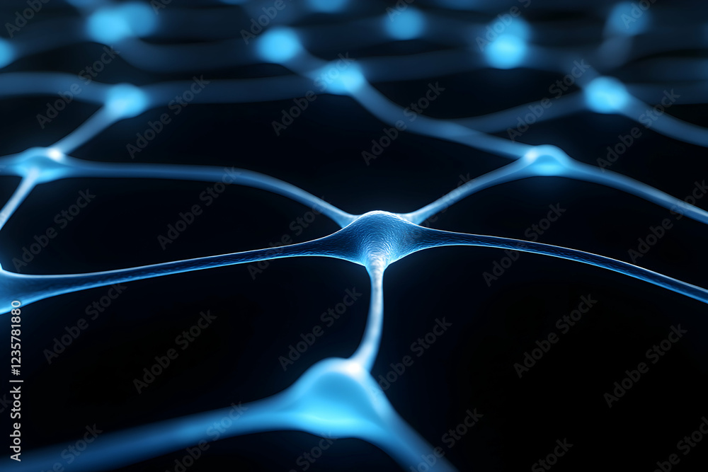 Poster a captivating abstract image showcasing a network of glowing blue lines on a dark background, repres