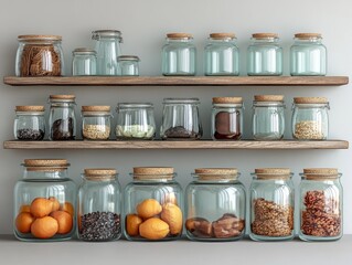 Glass jars with various contents on wooden shelves against a gray background
