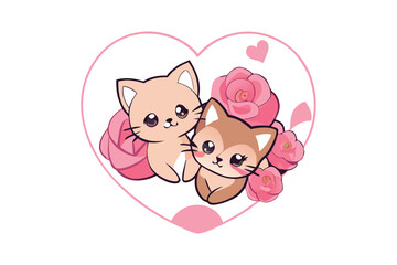 Cartoon illustration art of two adorable kittens curled up together in a heart shape.eps