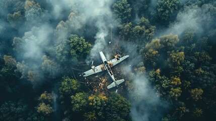 Obraz premium Aerial view of a crashed plane in fielld or forest surrounded by smoke and scattered debris, dramatic sky in the background. Aviation disaster, emergency response, and environmental impact concepts