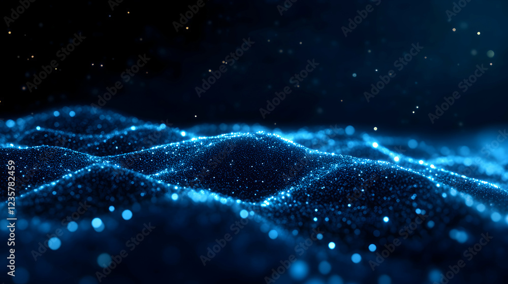 Poster an abstract representation of digital waves, illuminated by glowing blue particles. this mesmerizing