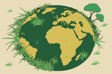  Earth globe, green grass covering, golden continents, 3D relief map, environmental concept, sustainability, circular world, lush vegetation, global ecology, planet conservation, organic planet, verda