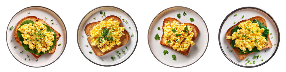Scrambled Eggs & Mustard Greens on Toast bread, white plate, isolated white