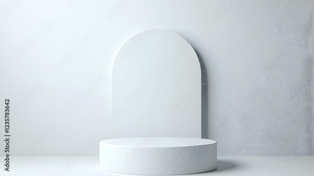 Poster a minimalist display platform featuring a circular base and an arch backdrop. perfect for showcasing