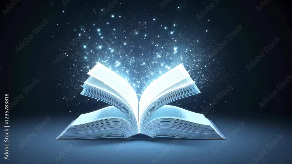 Poster open book emits magical glow with sparkling lights and stars, creating enchanting and mystical atmos