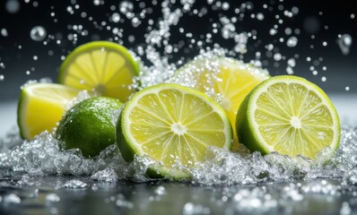 Fresh limes splashing in water.