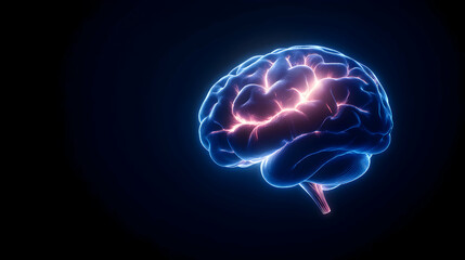 An artistic representation of a human brain illuminated with vibrant electric sparks, showcasing the complexity and power of cognitive functions and neural connections.