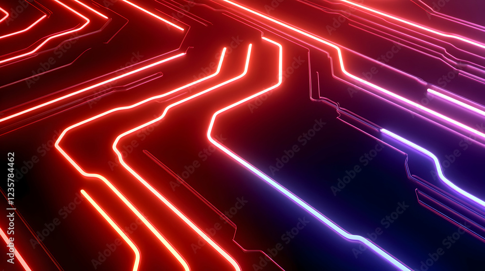 Poster a vibrant and dynamic abstract image showcasing glowing neon lines in red and blue against a dark ba