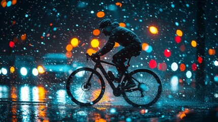 Cyclist riding at night in snowy city