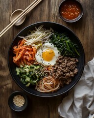 A beautifully arranged bowl of Korean Bibimbap featuring a sunny side up egg, vegetables, and savory beef with a rich sauce on the side.