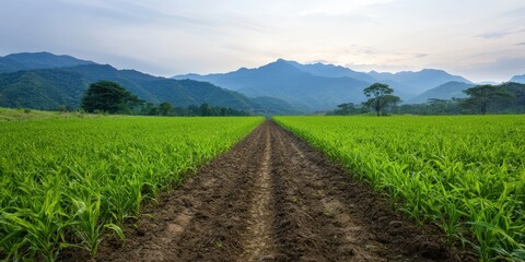 Fototapeta premium Lush Green Farm Landscape with Mountains and Sky