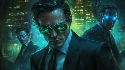 Men in suits, futuristic city, night, secret mission, book cover
