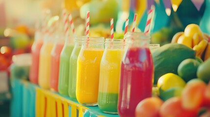 Refreshing Colorful Fruit Smoothies Displayed Outdoors