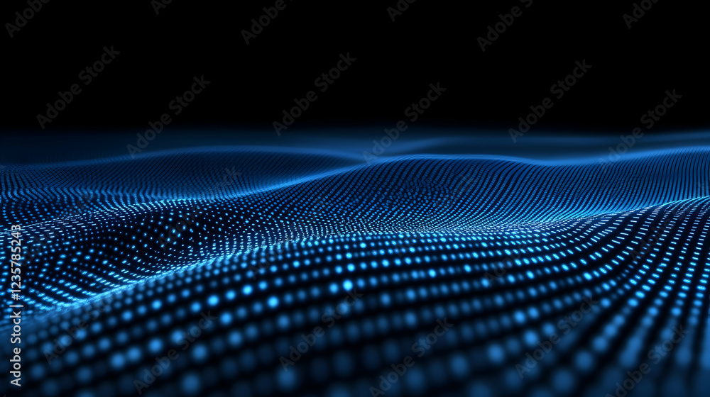 Poster a mesmerizing abstract representation of digital waves with glowing blue dots on a dark background, 