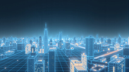 Fototapeta premium Neon Blue Grid Futuristic City Landscape with Glowing Buildings at Night