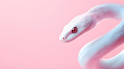 Fototapeta premium A striking close-up of an elegant white snake against a soft pink background, showcasing its smooth scales and piercing eyes, perfect for wildlife or exotic themes in photography.