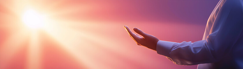 A serene moment captured as a person reaches out towards a radiant light, embodying hope and tranquility. The warm colors symbolize peace and connection with a higher energy.