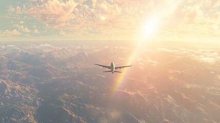 Naklejka premium Vibrant Rainbow Canopy Above Mountains and Airplane in Sky