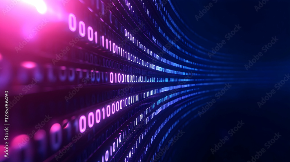 Poster a vibrant digital background showcasing flowing binary code in pink and blue hues. ideal for themes 