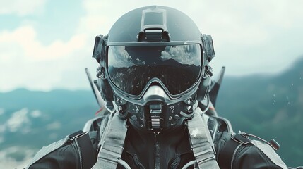 Fototapeta premium Enthusiastic Pilot in Helmet and Goggles Ready for Action