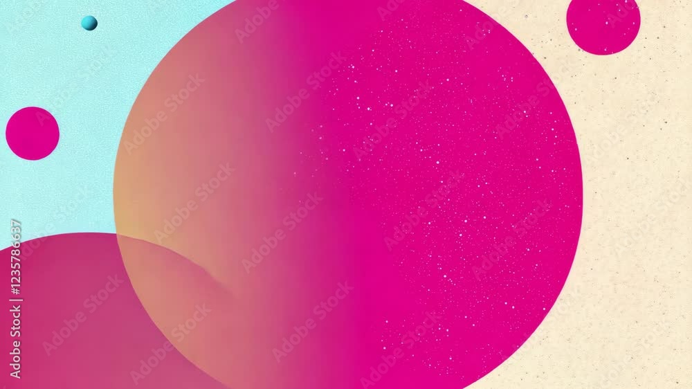 Poster abstract vdo featuring large pink and blue circles textured beige background, creating vibrant and d