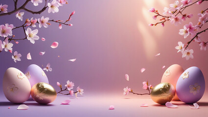 Soft pastel shades of pink and blue with floral-decorated Easter eggs in the corners. Spring flowers and warm sunlight add a gentle, festive touch, leaving space for a personal message.