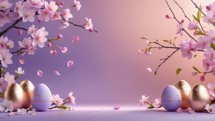 Easter eggs with floral and gold patterns arranged in the corners of a pastel pink and blue gradient background. Subtle spring flowers and sunlight add warmth and festivity.