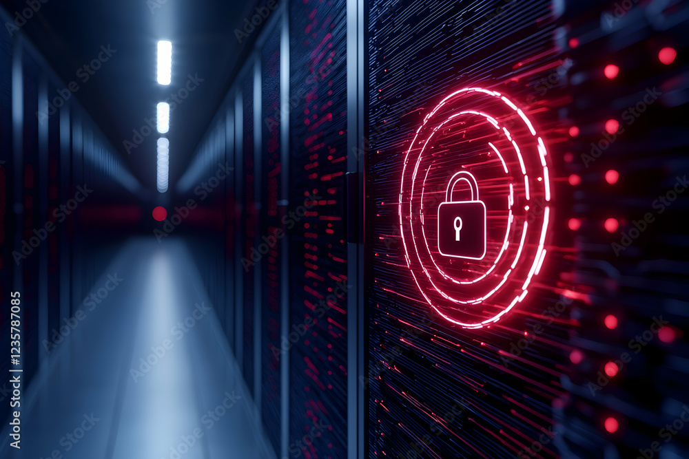 Aufkleber a high-tech data center corridor illuminated by blue and red lights, featuring security lock icons r