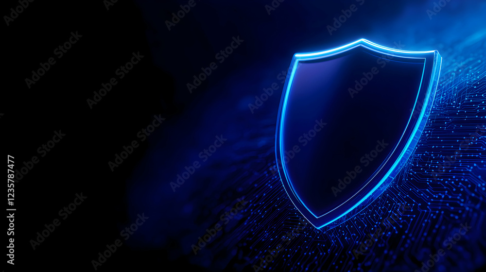 Poster a glowing blue shield icon representing cybersecurity and protection. the design features a sleek, m