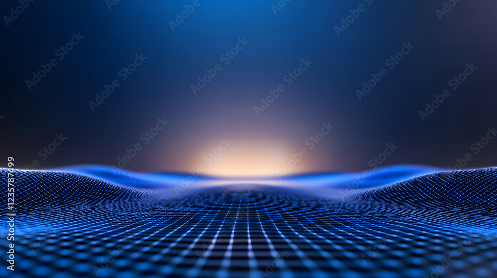 Poster a mesmerizing abstract landscape showcasing blue illuminated waves and grids against a gradient back