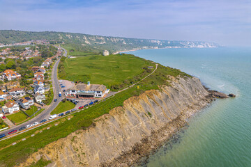 Aerial view of the East cliff and Warren Nature Reserve in Folkestone, Kent. 