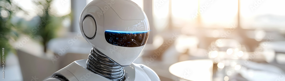 Poster a futuristic robot with a sleek design stands in a modern interior space, showcasing advanced techno