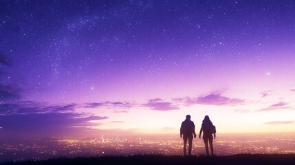 Fototapeta premium Silhouetted Figures Against a Twilight Sky Over a City Landscape