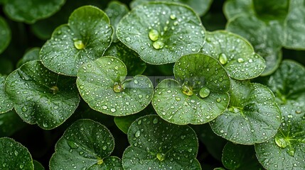 Dew drops on lush green leaves, garden background, nature close-up, ideal for wellness