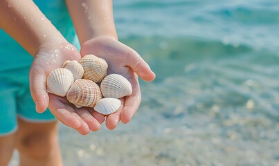a child holding seashells in his hands on a sandy beach