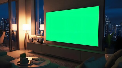 A modern living room with a large green screen TV and city view at night.
