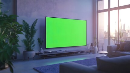 A modern living room with a large green screen TV and plants, suggesting a cozy atmosphere.