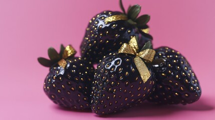 Black strawberries gold bows pink background food photography