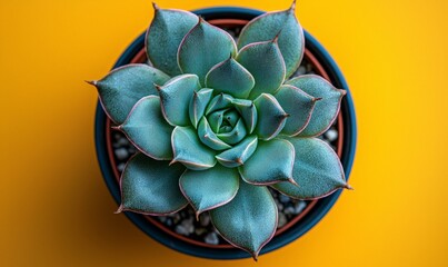 top view of a cactus succulent in a planter on yellow background